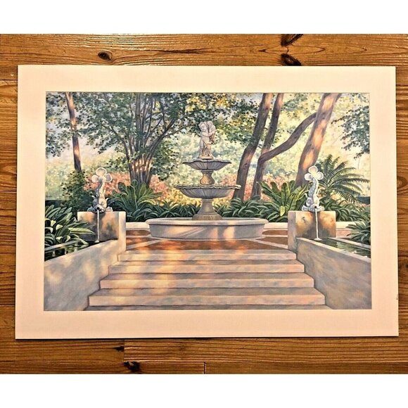 VTG 25"x35" Mounted Matted Art PRINT Garden Staircase Bird Bath ROSE MARKS 1989 - Picture 1 of 1